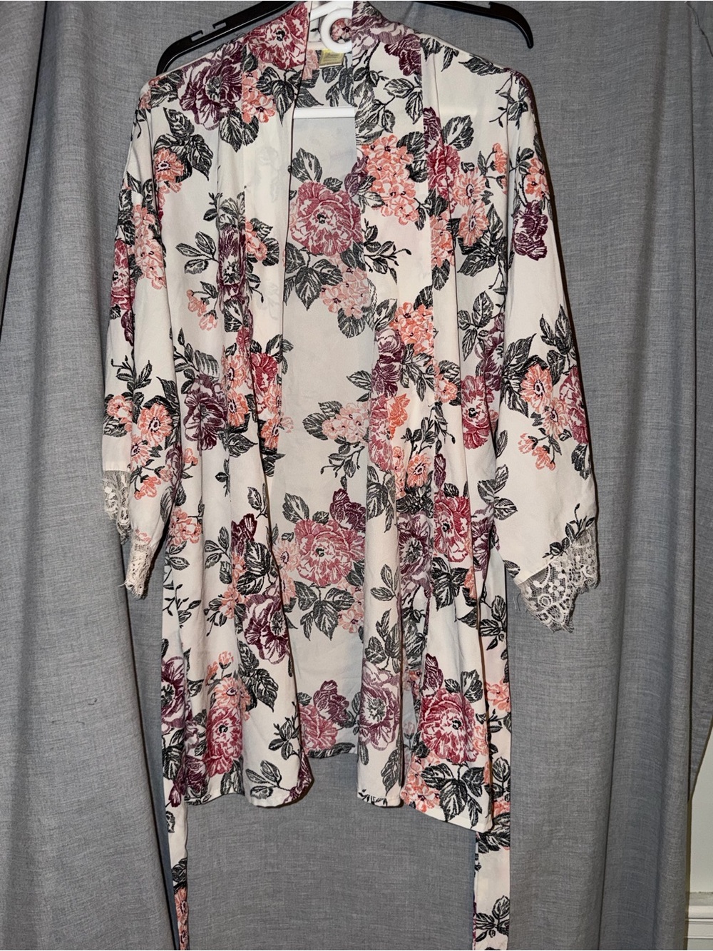 Floral Lace-Trim Kimono Duster - Cream with Mauve & Pink Roses with Belt